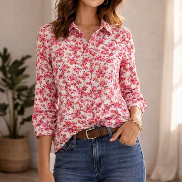 Lands' End Tops - Lands' End No Iron Supima Pink Button Front Blouse Size 8 3/4 Sleeve Classic Top